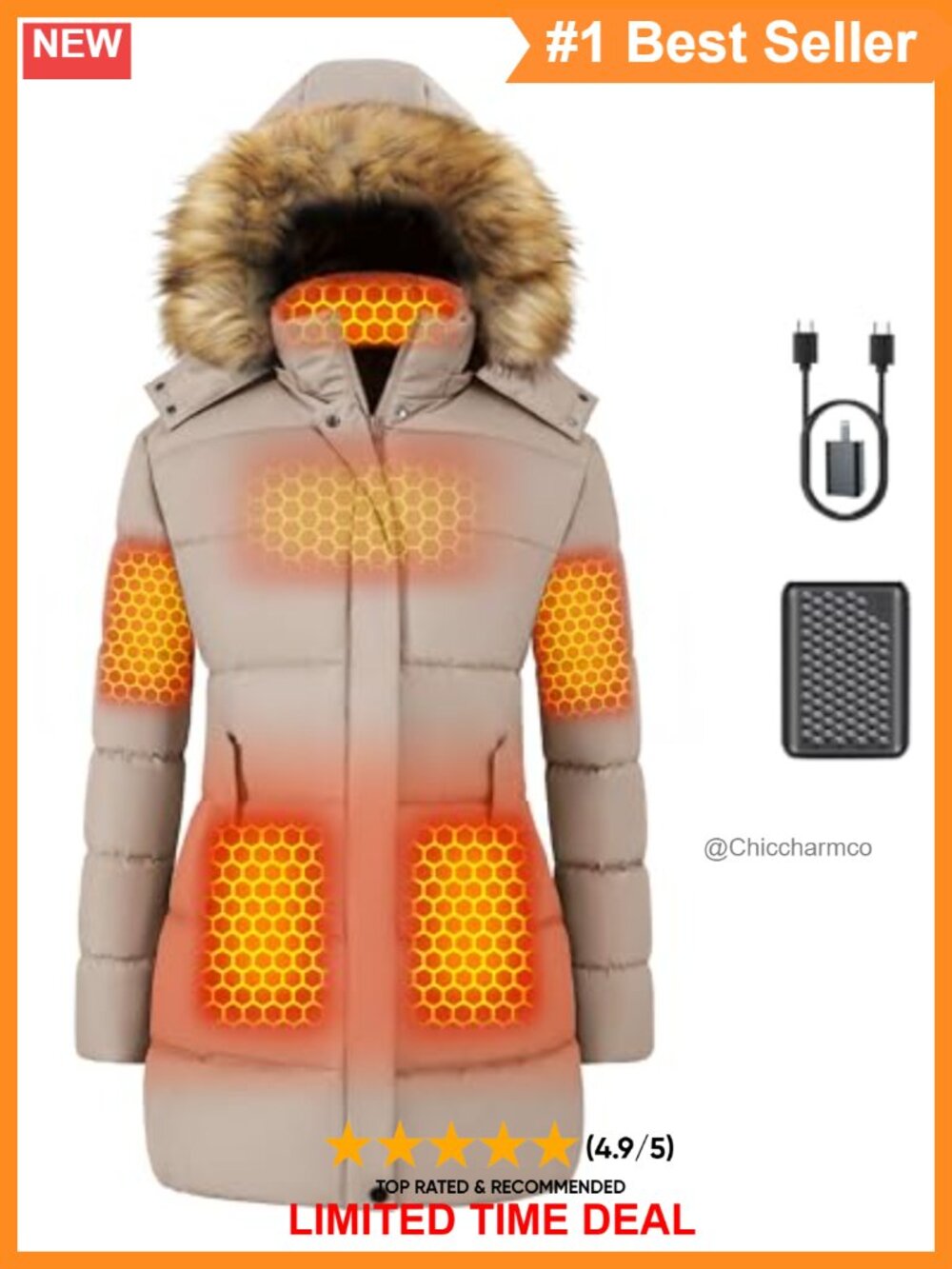 Graphene Heated Jacket 12V Fast Charge 18400mAh Quilted Hooded Winter Coat
